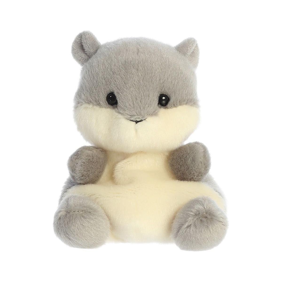 Twice as Sweets Palm Pal Gus Grey Squirrel is a cute, chubby plush toy with soft gray and cream fur, round black eyes, and small ears—perfect for a forest party—shown sitting upright against a white background.