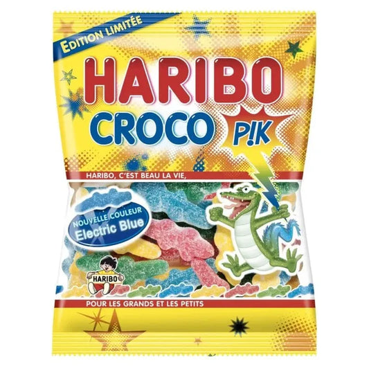 A vibrant 275g bag of Haribo Croco Pik candy from Twice as Sweet, with cartoon crocs and stars on French packaging. Features “Édition Limitée” and the new “Electric Blue” color—ideal for fans of sour gummies.