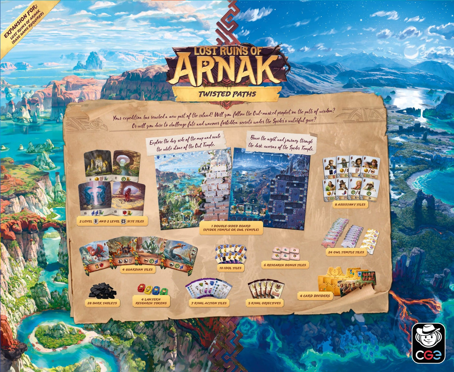 Board game packaging for 'Lost Ruins of Arnak: Twisted Paths' with scenic background