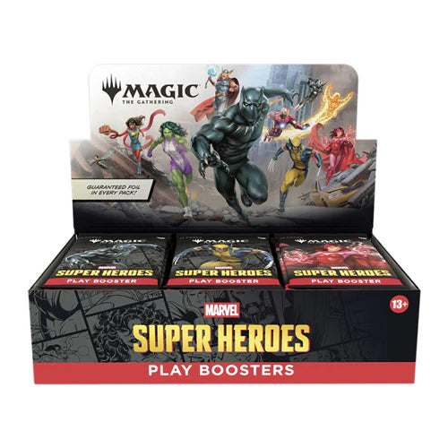 Front image of Magic Marvel Super Heroes Play Booster Box for Magic the Gathering trading card game on white background