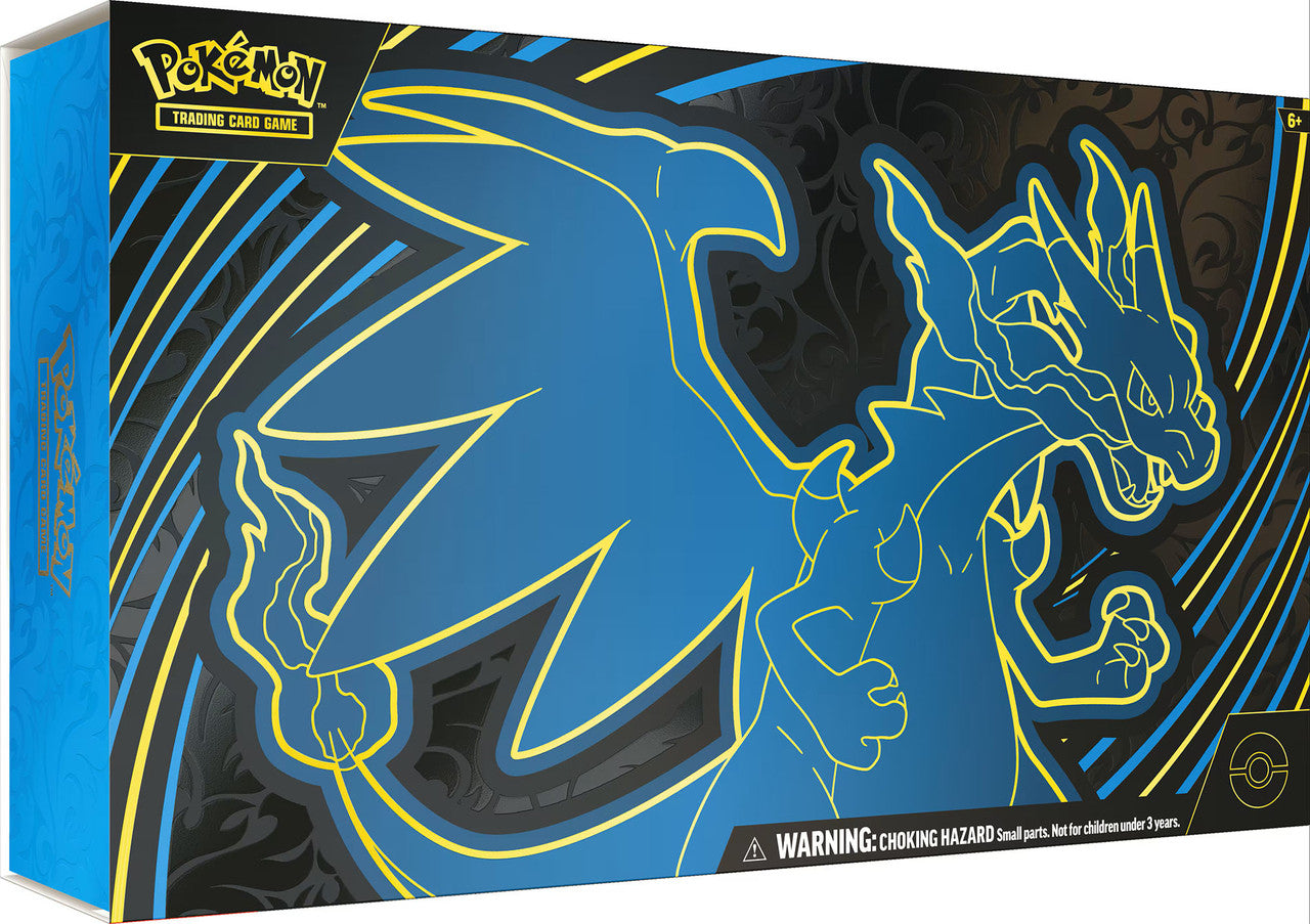 Pokémon trading card game box with dragon Mega Charizard X ex  design on blue background