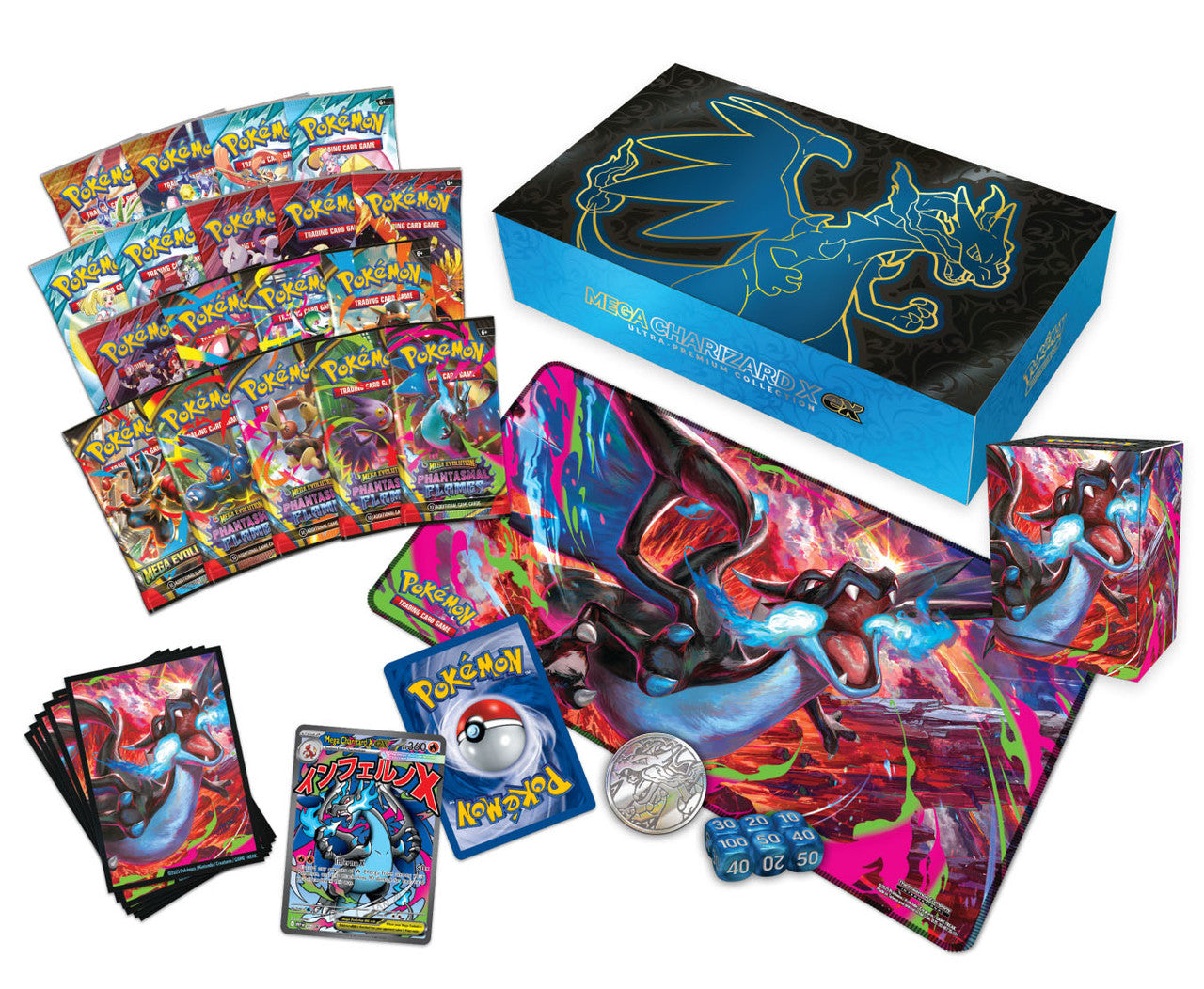 Collection of Pokémon trading cards with a large display box featuring a dragon-like creature Mega Charizard X ex.