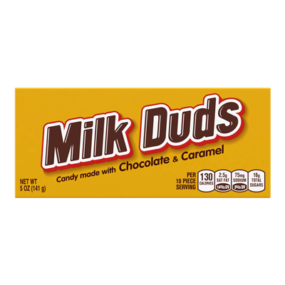 A yellow Twice as Sweet Milk Duds Theatre Box 124g (USA) displays bold white and brown lettering, highlights its milk chocolate and caramel, and gives nutrition facts per 10-piece serving.