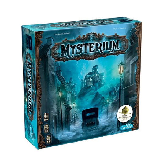 Board game box for 'Mysterium' with a dark, eerie street scene on the cover. Front view