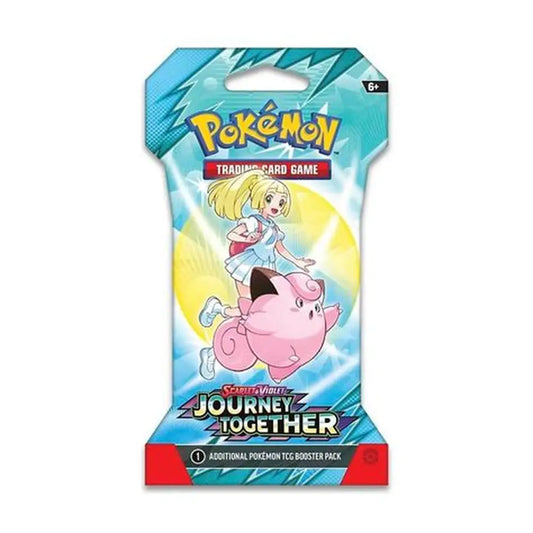 Pokémon Trading Card Game booster pack ' Scarlet & Violet Journey Together' featuring a character and a pink creature on a blue and yellow background.