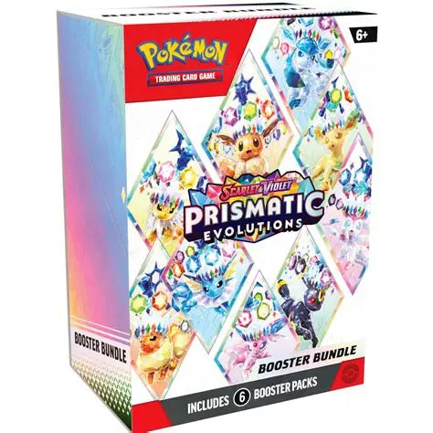 Pokémon trading card game Prismatic Evolutions booster bundle packaging with colorful designs and Pokémon characters.