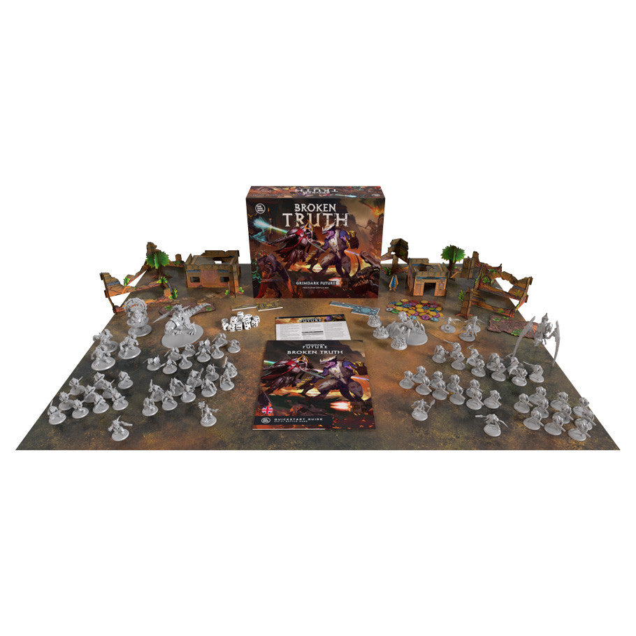 Tabletop game set with miniatures and packaging on a white background for the 'One Page Rules' game 'Broken Truth'