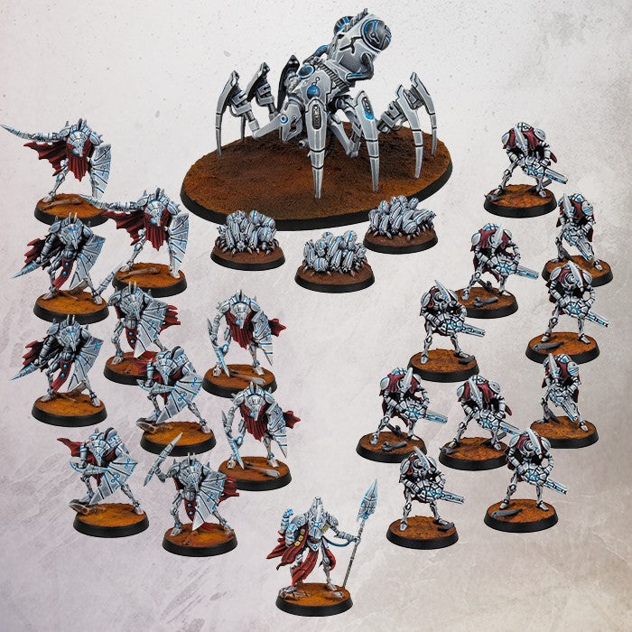 Collection of detailed miniature figures on a textured surface from the miniature wargame 'One Page Rules Grimdark Future Robot Legions'