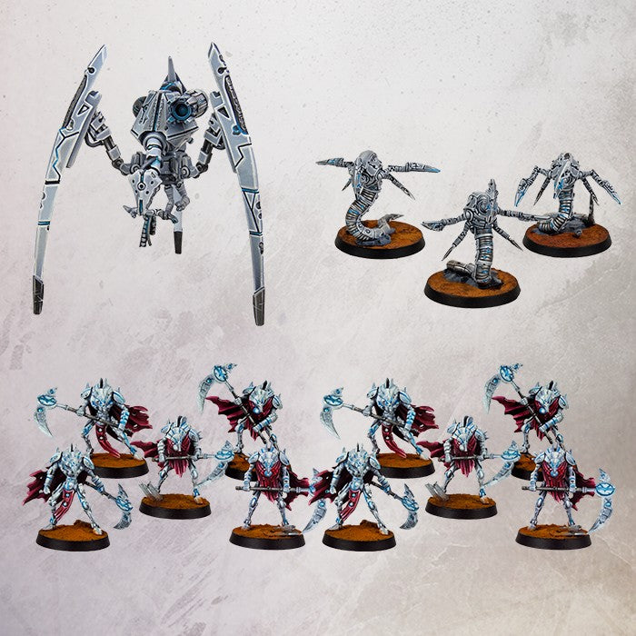Collection of detailed miniature figures on a textured surface from 'One Page Rules Grimdark Future
The Robot Legions Elite Expansion' box