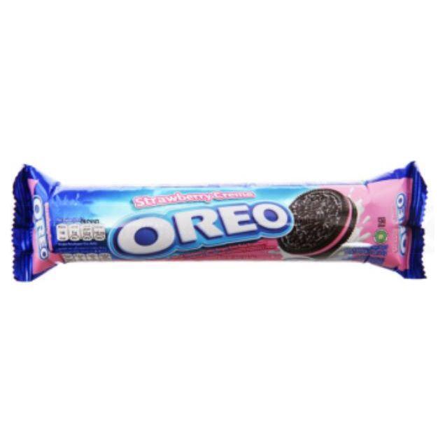 A 119.6g pack of Oreo Strawberry Cream cookies by Twice as Sweet (Indonesia) comes in a blue and pink wrapper with a cookie image and the Oreo logo in bold white letters on the front.
