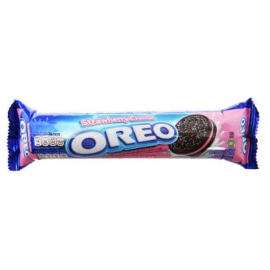 A 119.6g pack of Oreo Strawberry Cream cookies by Twice as Sweet (Indonesia) comes in a blue and pink wrapper with a cookie image and the Oreo logo in bold white letters on the front.
