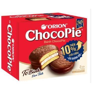 A red box of Twice as Sweet Orion Choco Pie Original (Vietnam) shows images of marshmallow chocolate pies, displays Vietnamese text, and features a “10% more” label on the front.