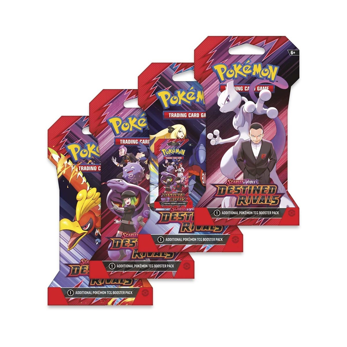 Three packs of Pokémon trading cards with character illustrations on a white background from the Destined Rivals collection