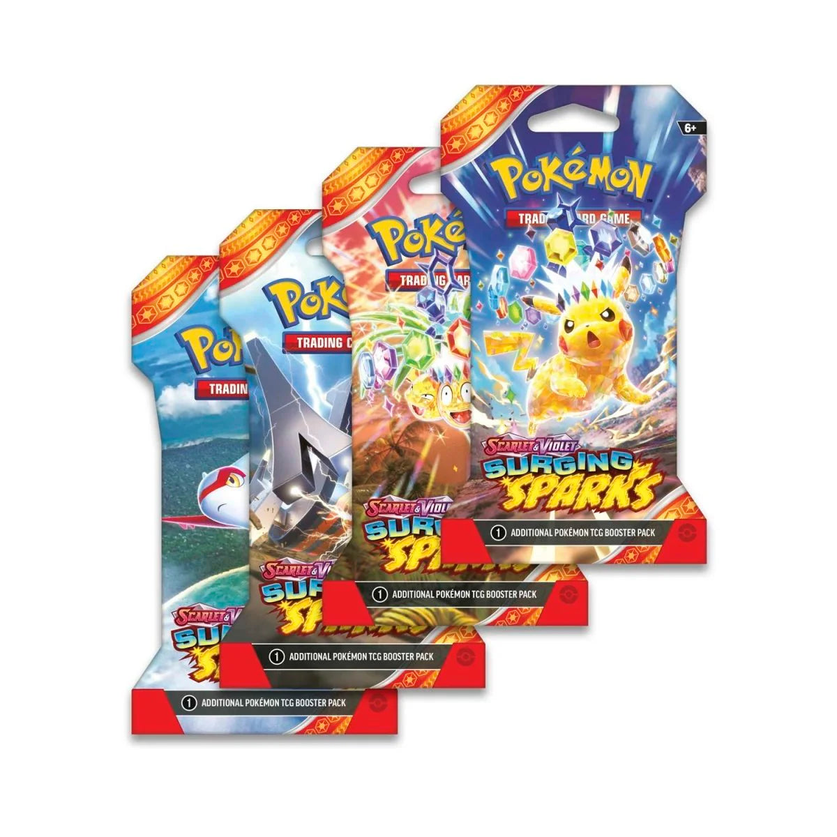 Three Pokémon trading card game booster packs 'Scarlet & Violet Surging Sparks' on a white background