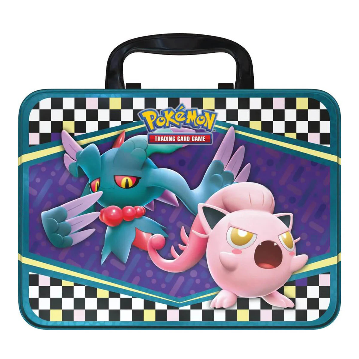 Pokemon trading card game case from collectors chest with two characters on a checkered background