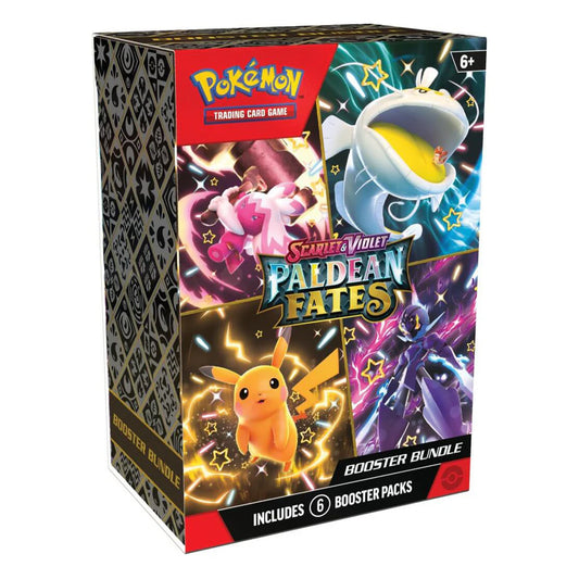 Pokémon trading card game booster bundle 'Scarlet & Violet Paldean Fates' packaging with colorful graphics and Pokémon characters.