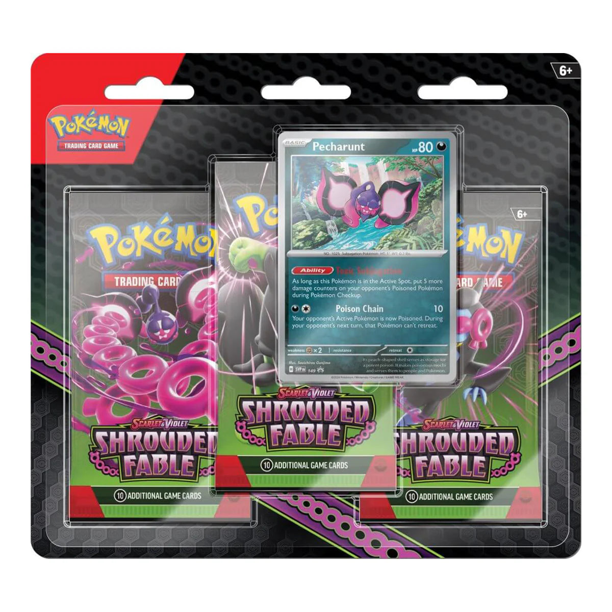 Pokémon trading card game pack with Pechárunt card on a black background