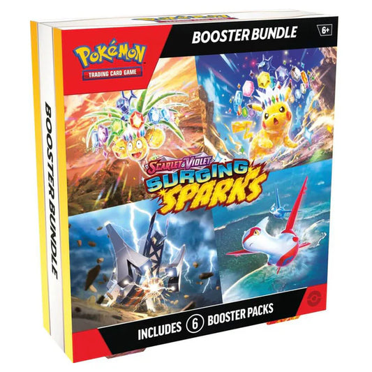 Pokémon trading card game booster bundle packaging 'Scarlet & Violet Surging Sparks' with colorful graphics and text.