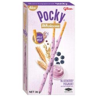 Twice as Sweet Pocky Blueberries Yoghurt Biscuit Stick 36g (Thailand) features whole wheat sticks coated in blueberry yogurt, with packaging displaying biscuit sticks, blueberries, and wheat to showcase its tasty flavor.