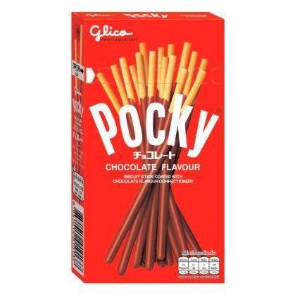 A red box of Twice as Sweet Pocky Chocolate Biscuit Stick 40g (Japan) displays biscuit sticks partially coated in milk chocolate, with the Pocky logo and treat images featured on the front.