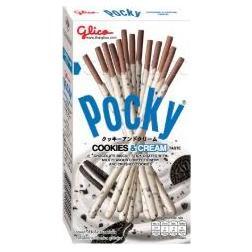 A 40g box of Twice as Sweet Pocky Cookies & Cream Biscuit Sticks from Thailand features cream-coated sticks with cookie bits and Oreo-style cookies on the packaging, with the Pocky logo displayed.