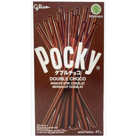 A 39g box of Twice as Sweet Pocky Double Choco Biscuit Sticks from Thailand features chocolate biscuit sticks on the packaging with English, Japanese, and Indonesian text, set against a brown background highlighting the snack.
