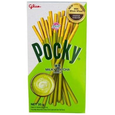 A 35g box of Twice as Sweet Pocky Matcha Biscuit Sticks (Thailand) features green packaging with matcha sticks, matcha tea imagery, and promotes a new whole wheat recipe.