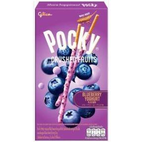 Twice as Sweet Pocky Crushed Fruit Blueberries Yoghurt Biscuit Stick 38g (Thailand) features purple packaging with images of blueberries and two biscuit sticks coated in pink, speckled yogurt cream.