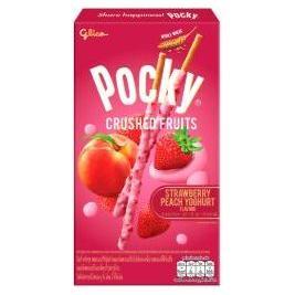 Twice as Sweet Pocky Crushed Fruit Strawberry and Peach Yoghurt Biscuit Stick 38g (Thailand) comes in a pink box featuring biscuit sticks with pink strawberry-peach yoghurt coating, strawberries, and a peach on the front.