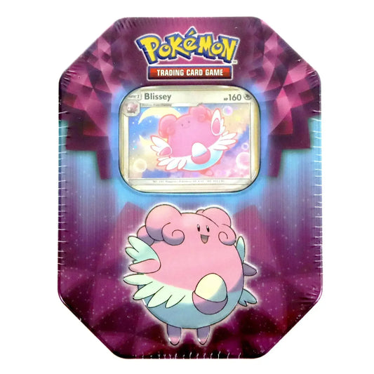 Pokémon Strong Bonds tin trading card game packaging with Blissey on a purple and pink background front view