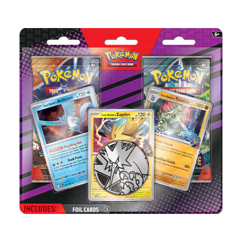 Pokémon trading card game pack with multiple cards displayed on a purple background