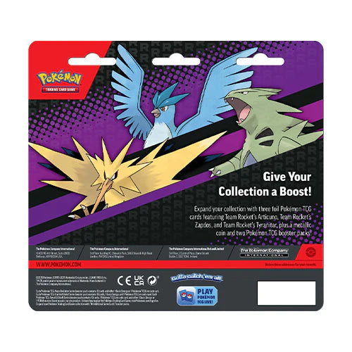 Pokémon trading card game packaging with three Pokémon characters on a purple and red background.