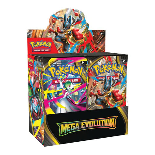 Pokémon trading card game booster box with Mega Evolution theme on a white background