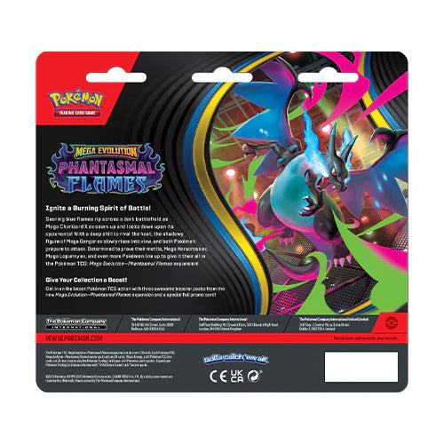 Pokémon Mega Evolution Phantasmal Flames packaging with colorful design and text.