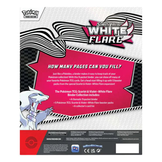 Pokémon White Flare trading card game booster pack back view with text and graphics.