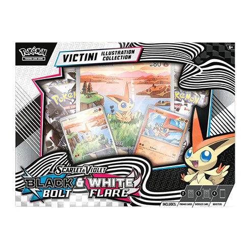 Pokémon trading card game packaging with Victini illustration collection on a black and white checkered background.