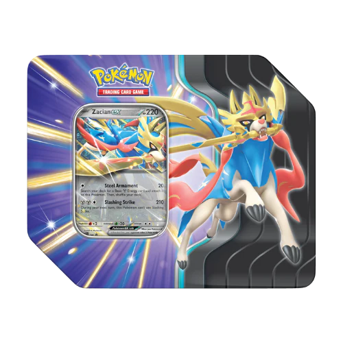 Pokémon Slashing Legends Tin trading card game front view packaging with a card featuring Zacian.