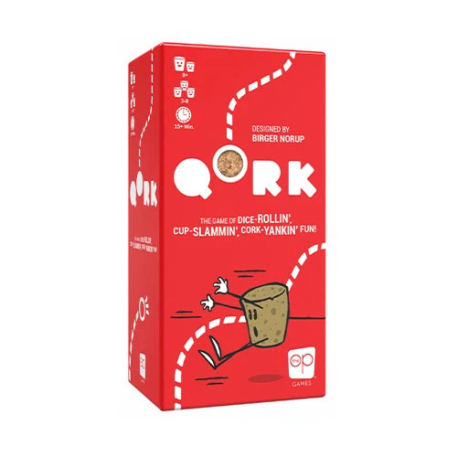 Box for the dexterity board game Qork featuring a red box with a cork on a rope