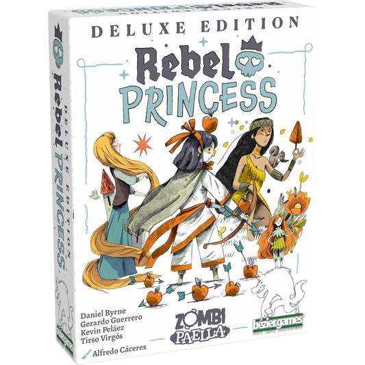 Box for 'Rebel Princess' deluxe edition board game with illustrated characters on a white background front view