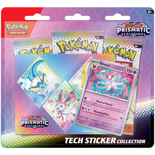 Pokémon Scarlet & Violet Prismatic Evolutions Tech Sticker Collection trading card game pack with Prismatic Evolutions theme Front View
