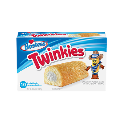 A box of Twice as Sweet Hostess Twinkies (USA) shows a golden snack cake with creamy vanilla filling, a cartoon cowboy Twinkie, and labels it contains 10 individually wrapped cakes.