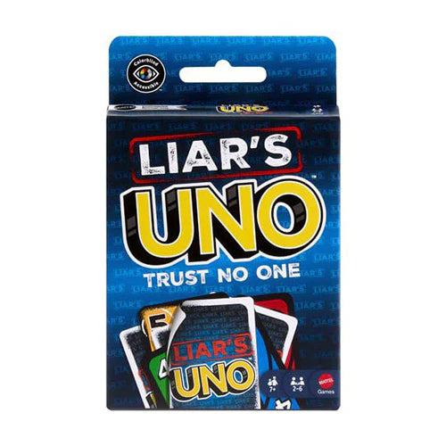 Card game packaging for 'Liar's Uno' with blue background and colorful text.