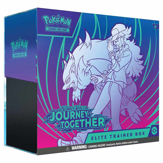 Pokémon trading card game Elite Trainer Box 'Scarlet & Violet Journey Together' with character and creature illustration on a blue and purple background
