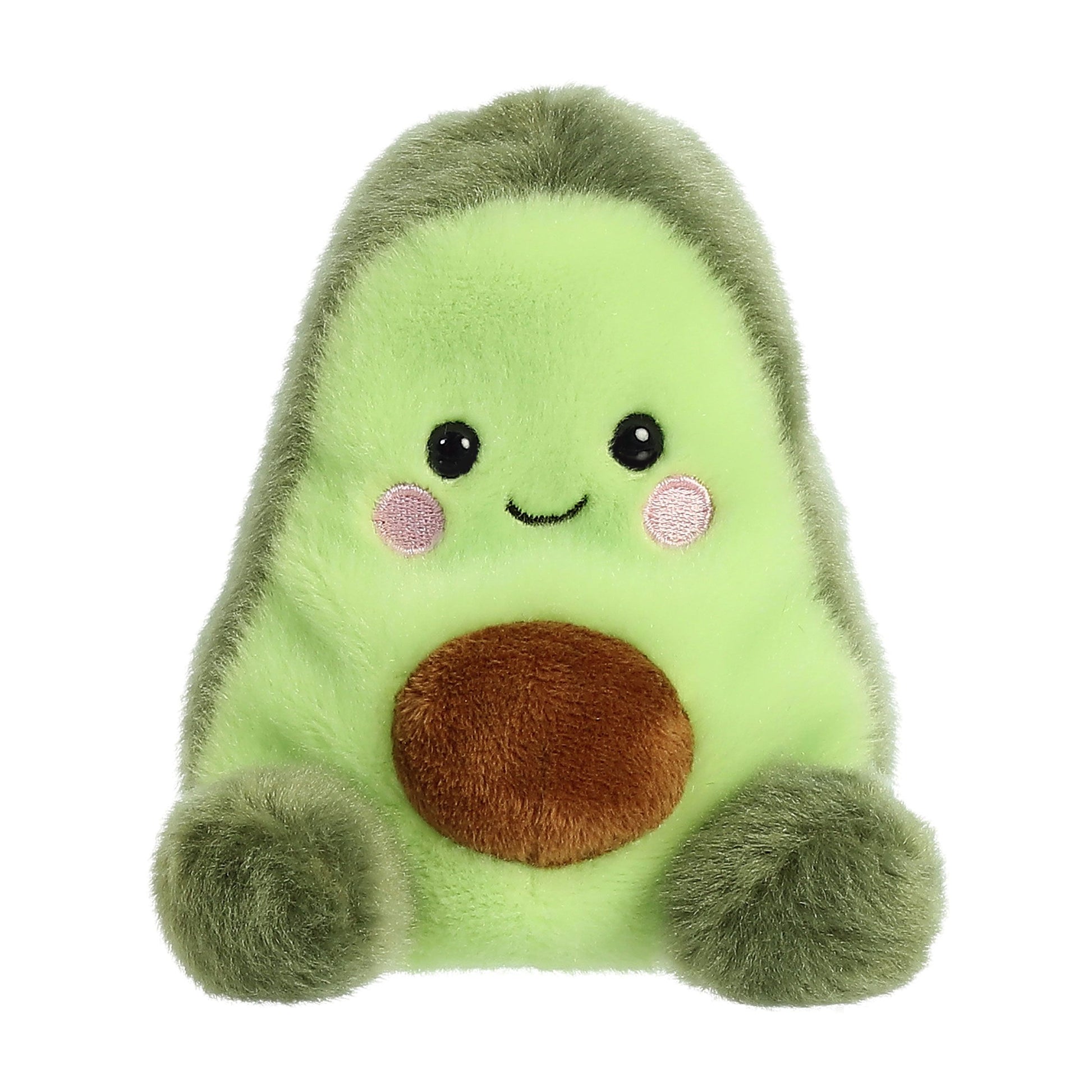 Meet the Twice as Sweet Palm Pal Airy Avocado, a collectible plush with a light green body, brown pit, fluffy dark green sides, smiling face, and pink cheeks—ideal for any foodie plush collection!.