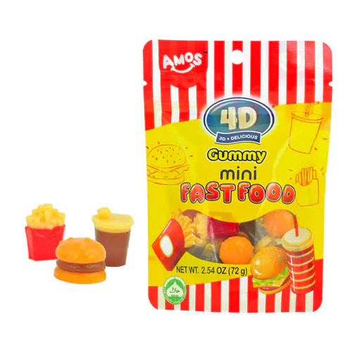 A 198g bag of Twice as Sweet Amos 4D Gummy Fast Food (China), BB: 05/12/25, with red and white stripes, features gummies shaped like fries, a burger, and a drink—perfect for fast food candy fans.