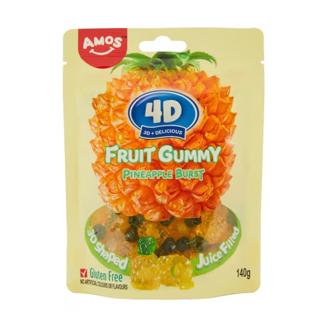 A 140g yellow pouch of Twice as Sweet Amos 4D Fruit Gummy Pineapple Burst (China) features a bold pineapple image and highlights 3D-shaped, juice-filled, gluten-free gummies from the Amos Gummies range.