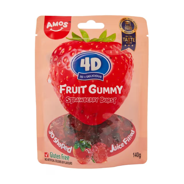 A 140g pack of Twice as Sweet Amos 4D Fruit Gummy Strawberry Burst (China) comes in pink packaging with a large strawberry graphic, featuring gluten-free, juicy, 3D strawberry-shaped gummies.