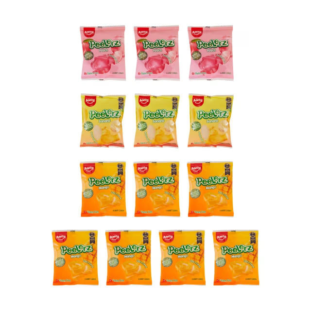 Twelve packs of Twice as Sweet Amos Peelerz Gummy Assorted Fruit 350g (China) feature peelable gummies in Peach, banana, and mango flavors—fun, colorful treats arranged by fruit color.