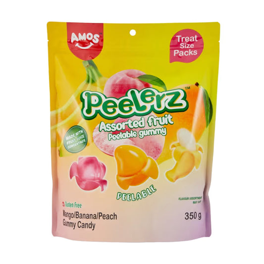 Twice as Sweet Amos Peelerz Gummy Assorted Fruit 350g (China) comes in a colorful bag with images of mango, banana, and peach. The packaging features gluten-free, treat-size packs.
