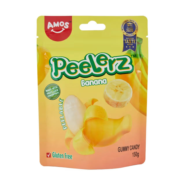 A yellow and orange pouch of Twice as Sweet Amos Peelerz Gummy Banana 150g (China) features peeled banana images, highlighting Gluten Free and Peelable Gummy Banana, plus a 2025 Superior Taste Award badge.